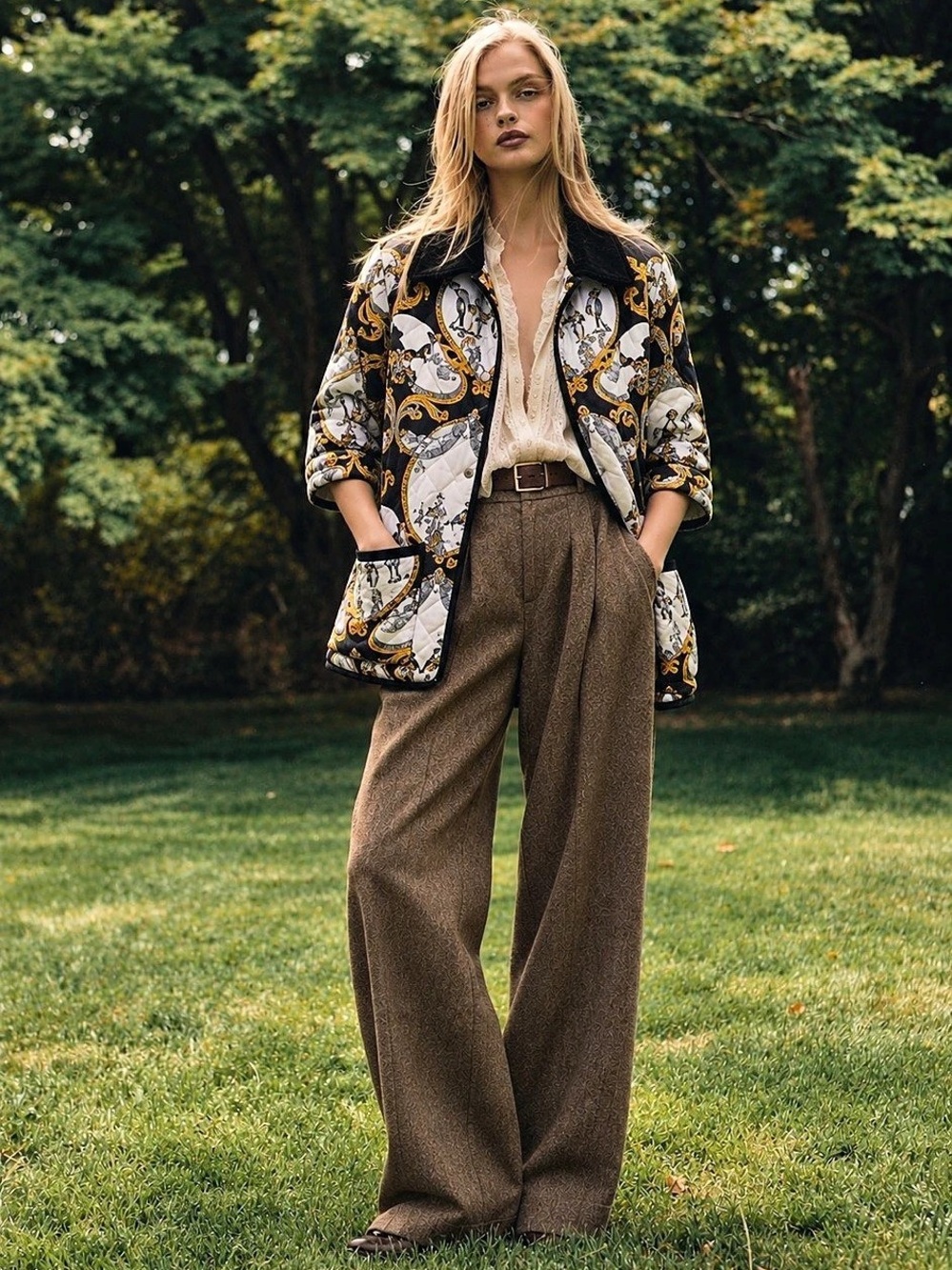 Vintage 90s Salvatore Ferragamo Penguin Baroque Scarf Print Italy Quilted Jacket